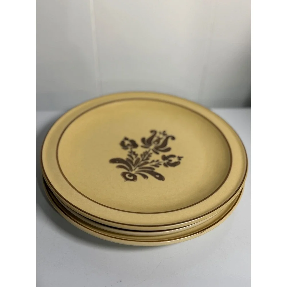 Pfaltzgraff Village Dinner Plates Tan Brown Floral Folk Art Set of 3 10.25